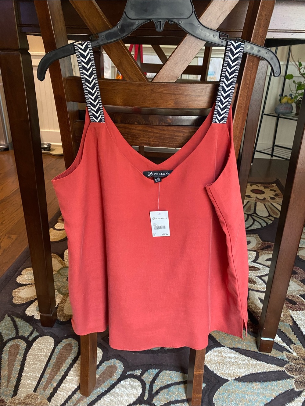 Versona Coral Red Tank with Black-and-White Patterned Straps